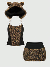ROMWE Grunge Punk Y2K Harajuku Gal Style Patchwork Leopard Faux Fur Cat Ear Hooded Tight 2-Piece Set For Women